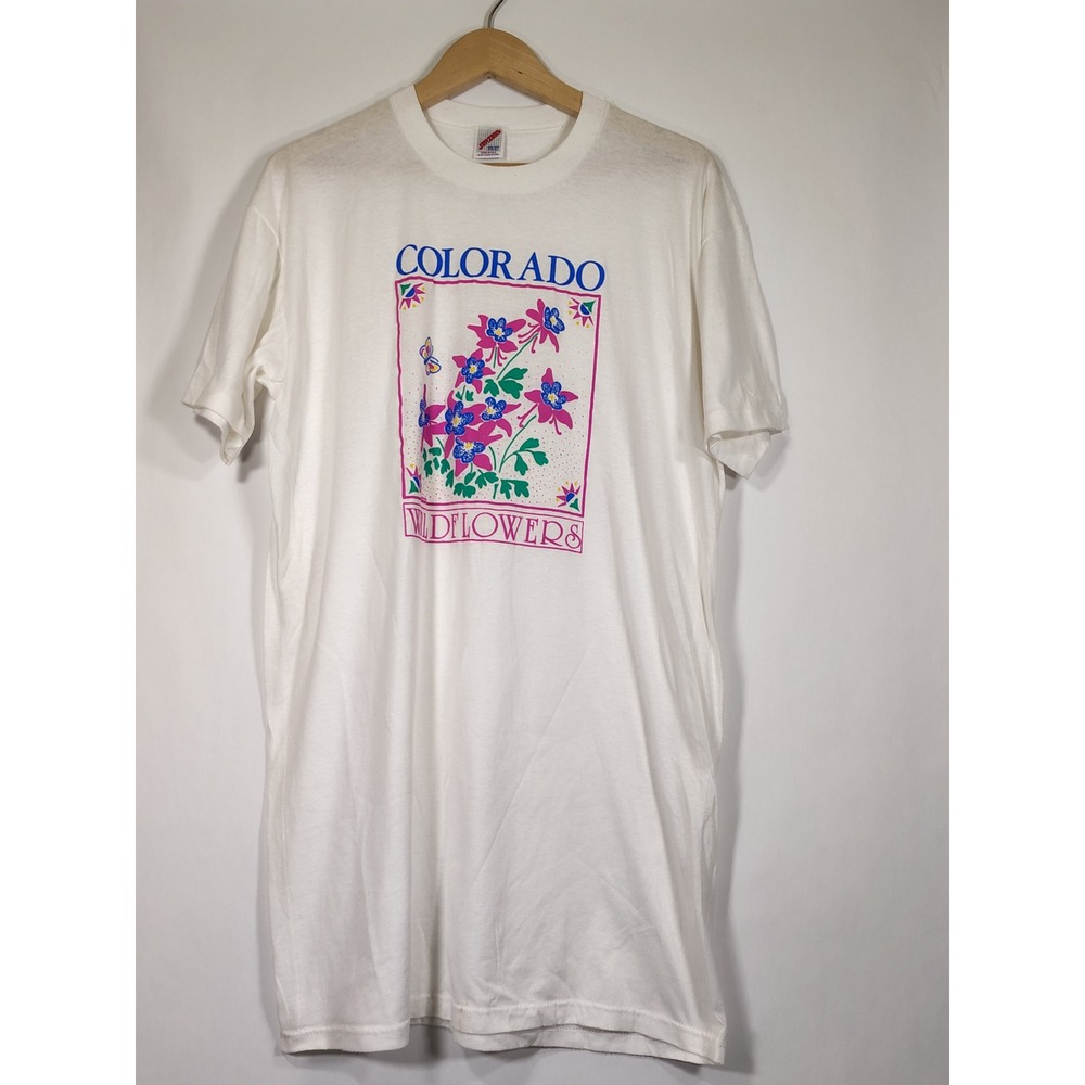 Vintage Jerzees Colorado Wildflowers T-Shirt White OSFA Made in USA 80s 90s Tee